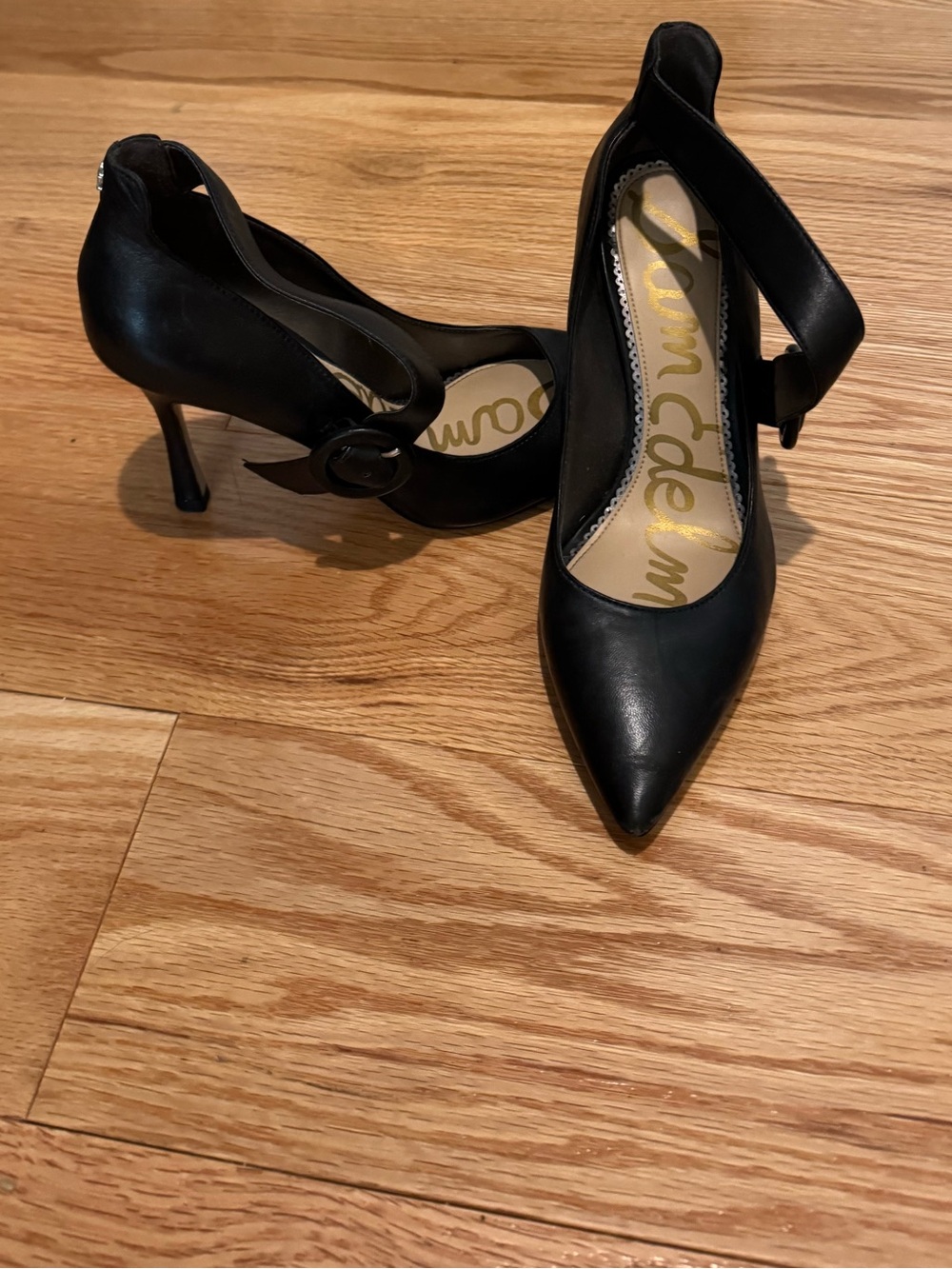 Sam Edelman Black Pointed-Toe Ankle-Strap Heels